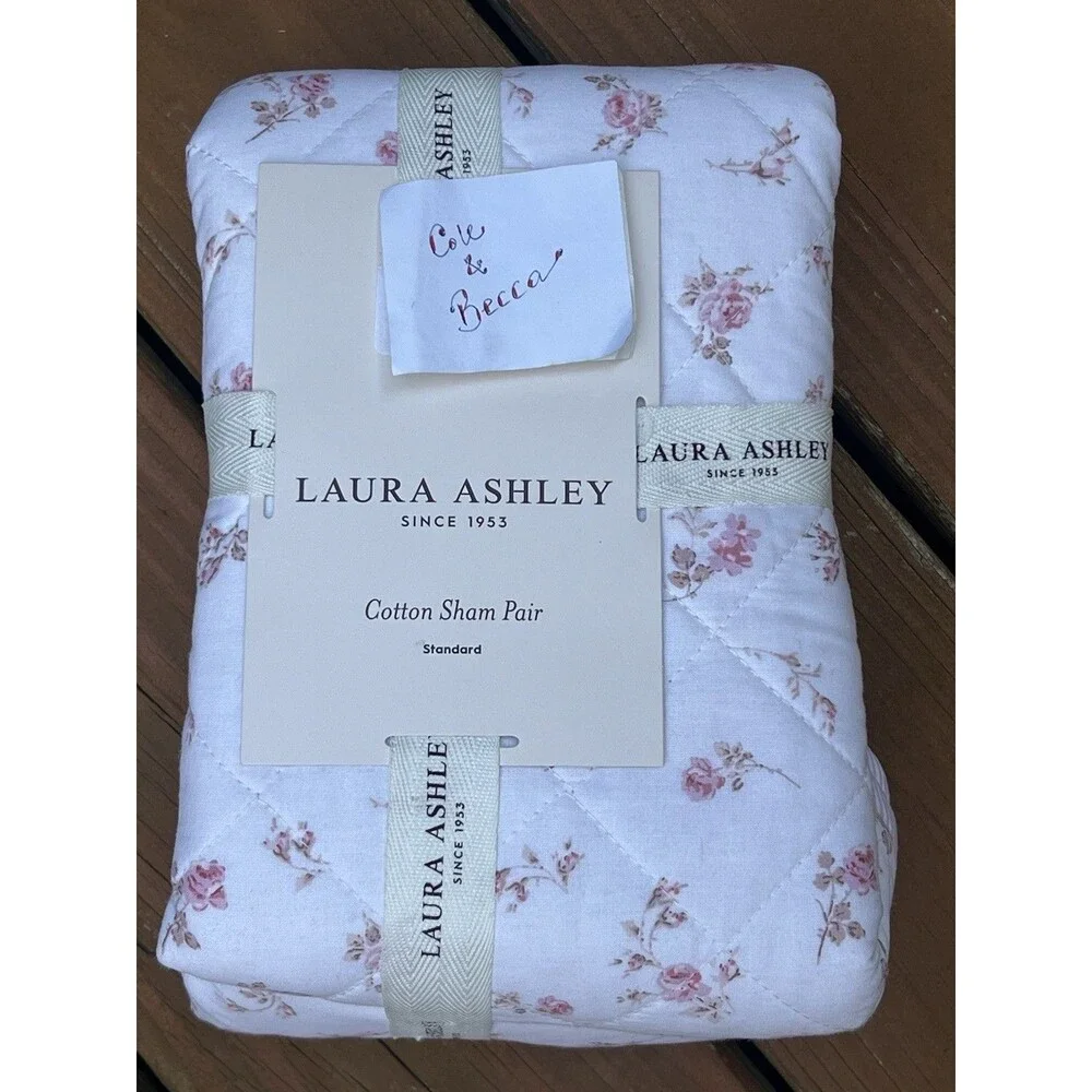 Laura Ashley Rosebuddies Skinny Stripe Pink Cotton Sham Pair Standard Floral New